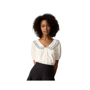 LC Lauren Conrad Puff Sleeve Peasant Top Ivory White Black Embroidered Size L